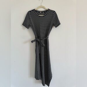 T Tahari Navy and White Striped Midi Dress